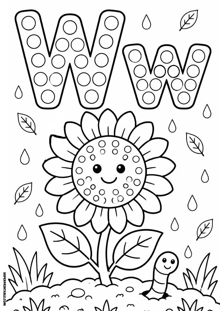 Letter W coloring page with a sunflower and a smiling worm in the garden.