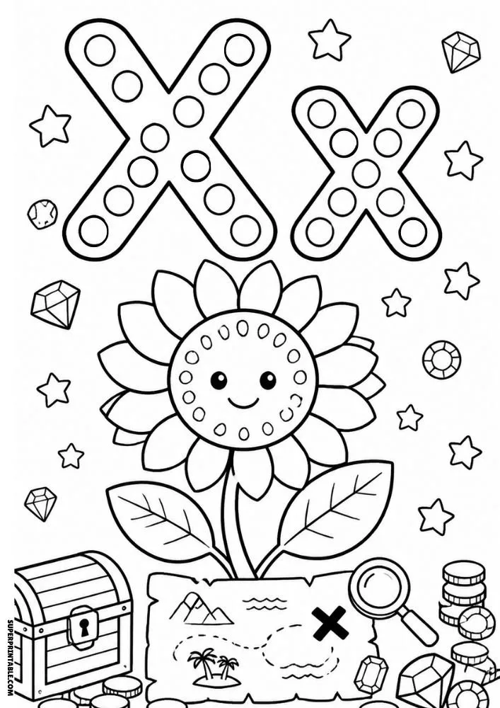 Letter X coloring page with a sunflower, treasure map, gems, and a treasure chest.
