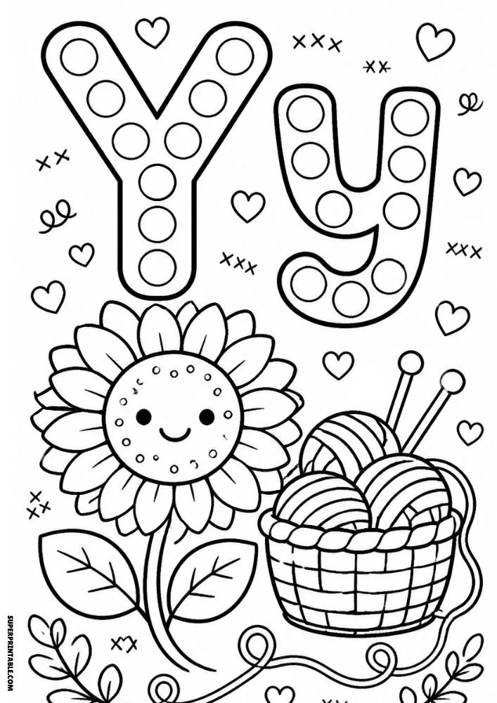Letter Y coloring page with a sunflower and a basket of yarn.
