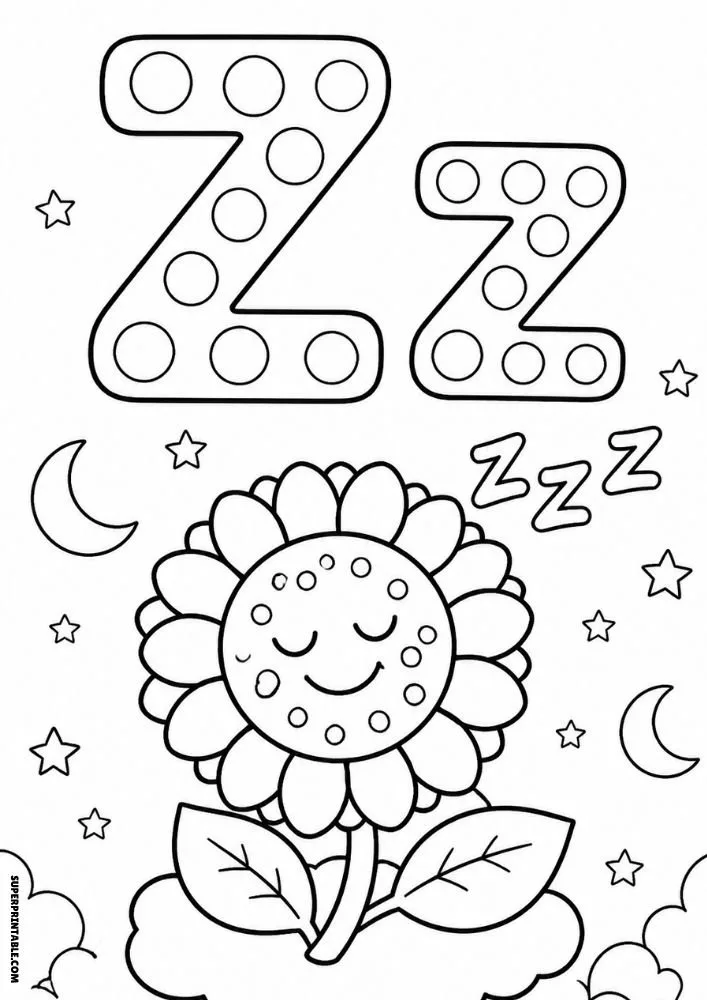Letter Z coloring page with a sleeping sunflower on a cloud under the night sky.