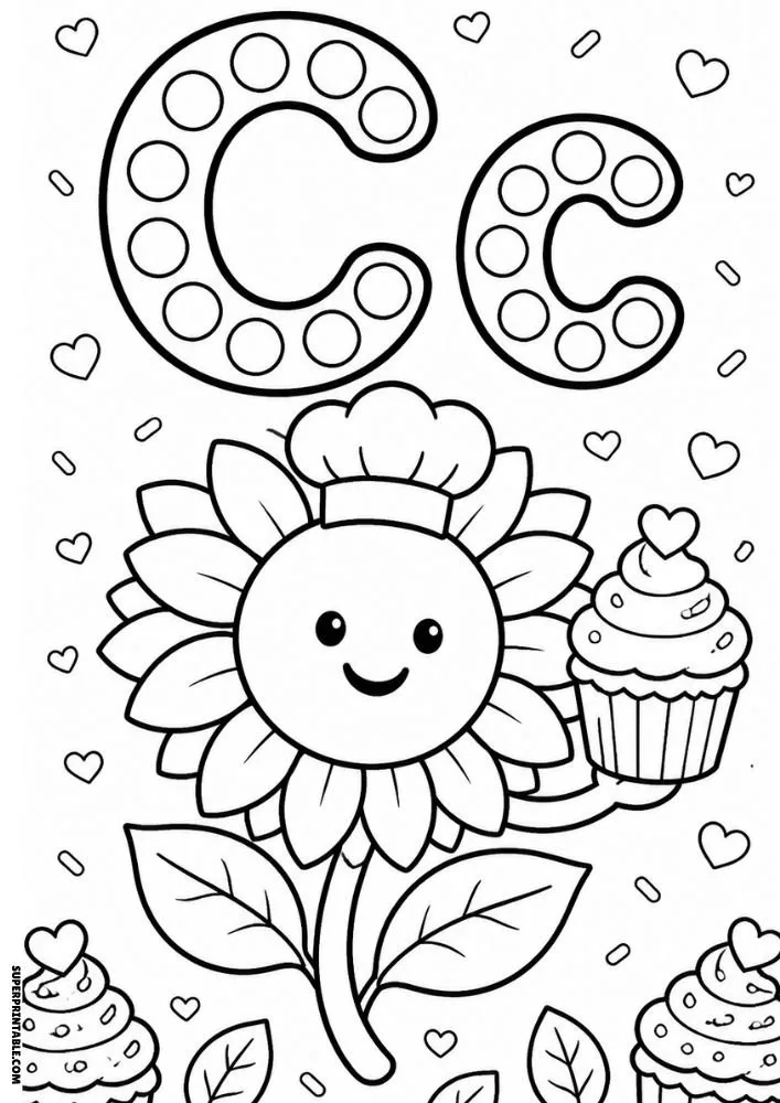 Letter C coloring page with a sunflower holding a cupcake and wearing a chef hat.