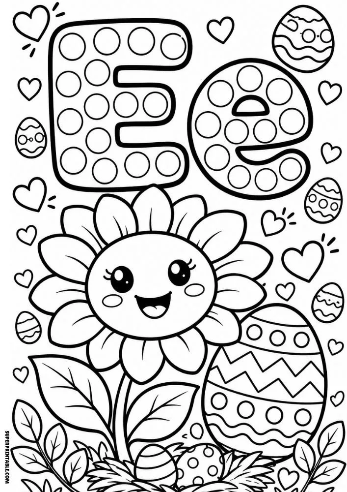 Letter E coloring page with a sunflower and decorated Easter eggs.