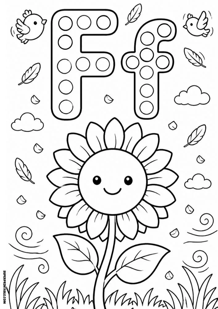 Letter F coloring page with a sunflower, birds, clouds, and feathers.