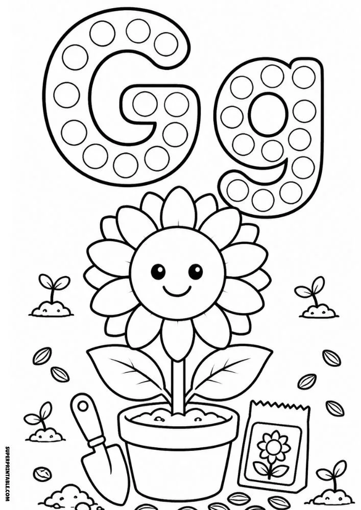 Letter G coloring page with a potted sunflower, garden tools, and seeds.