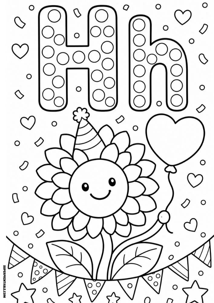 Letter H coloring page with a birthday sunflower, balloon, and party decorations.