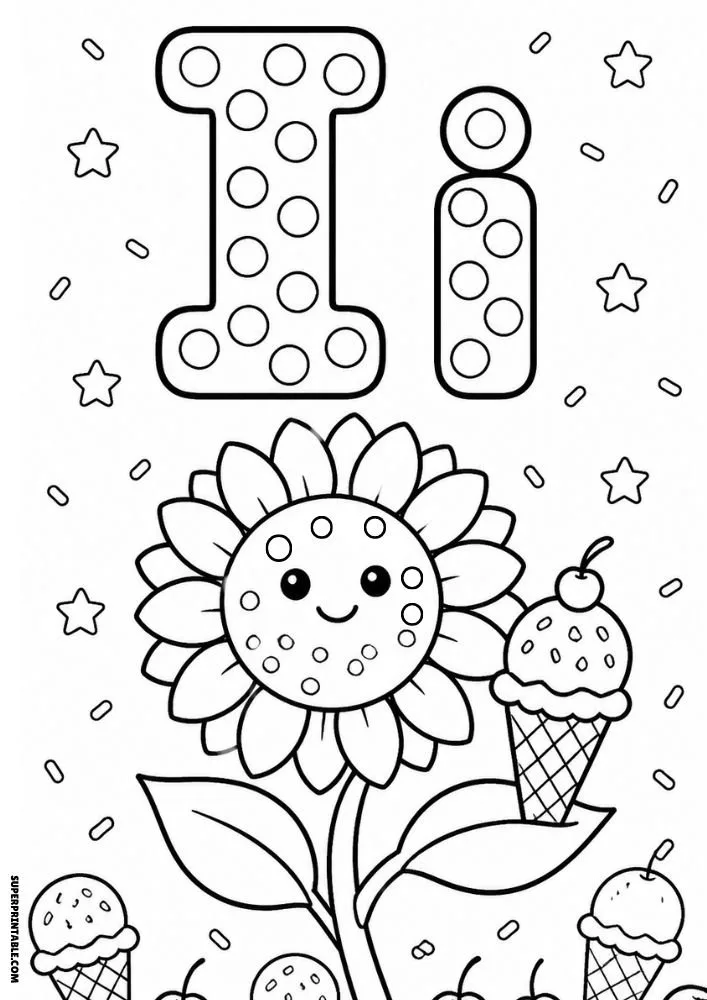 Letter I coloring page with a sunflower and several ice cream cones.
