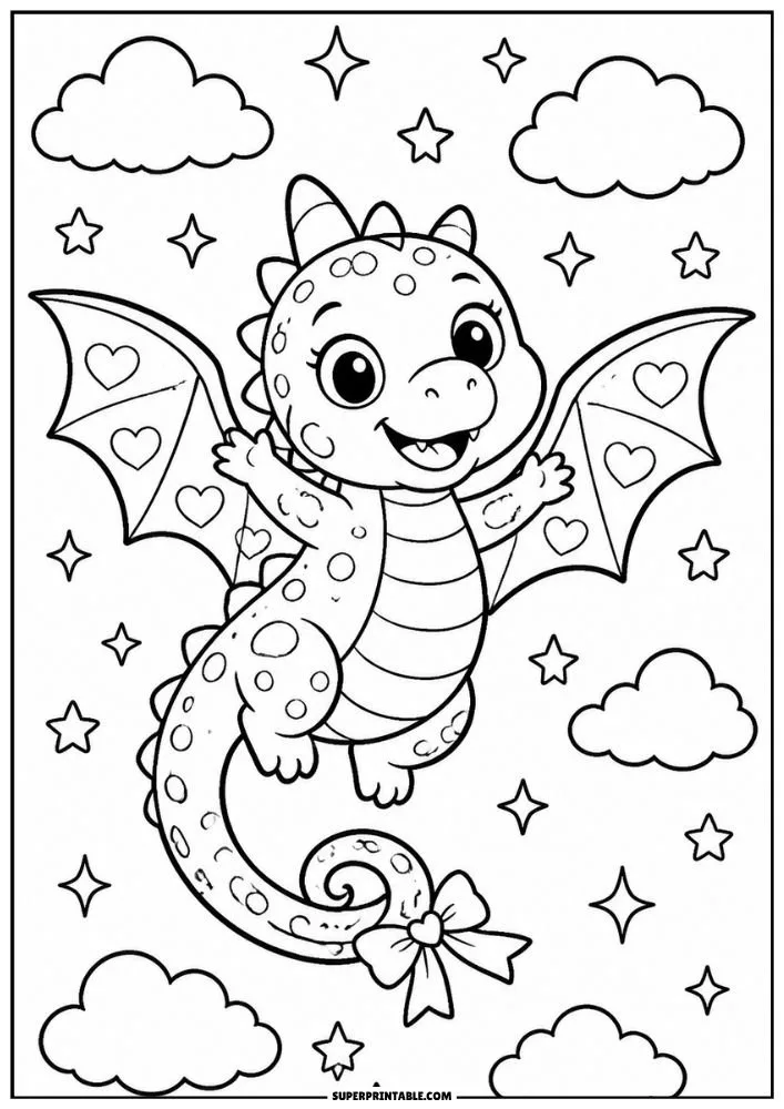 Cute baby dragon flying among clouds, stars, and hearts with spread wings.