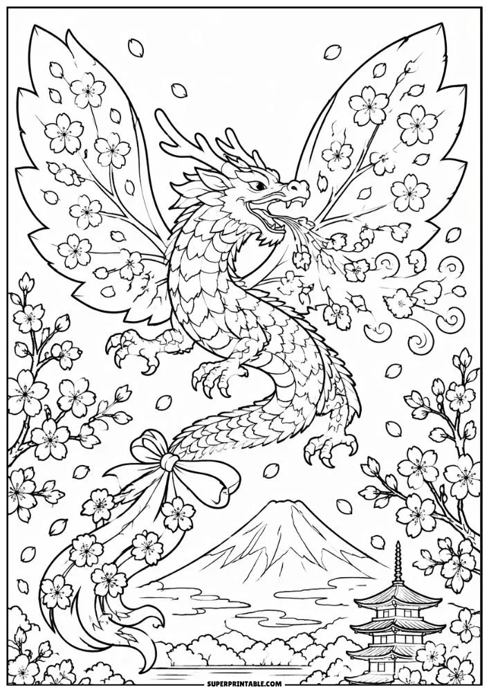 Dragon with blossom themed wings flying above mountains and flowering trees.