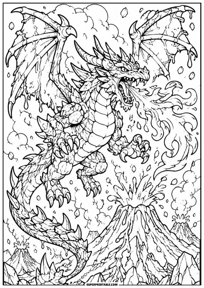 Fire dragon flying over erupting volcanoes with lava and smoke.