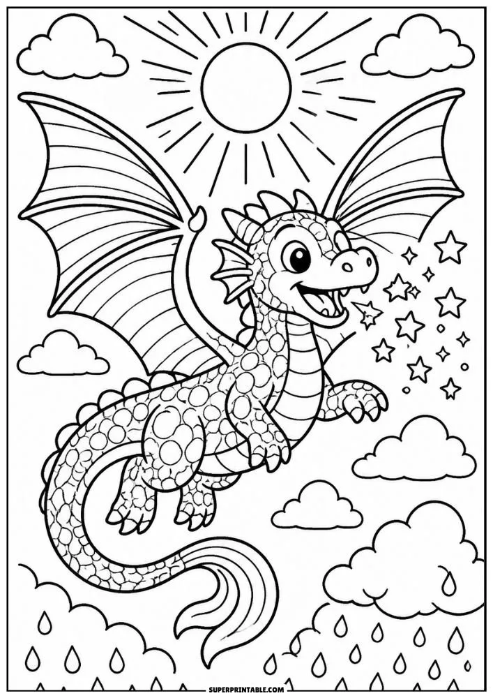 Cute dragon flying in a sunny sky with clouds, stars, and raindrops.