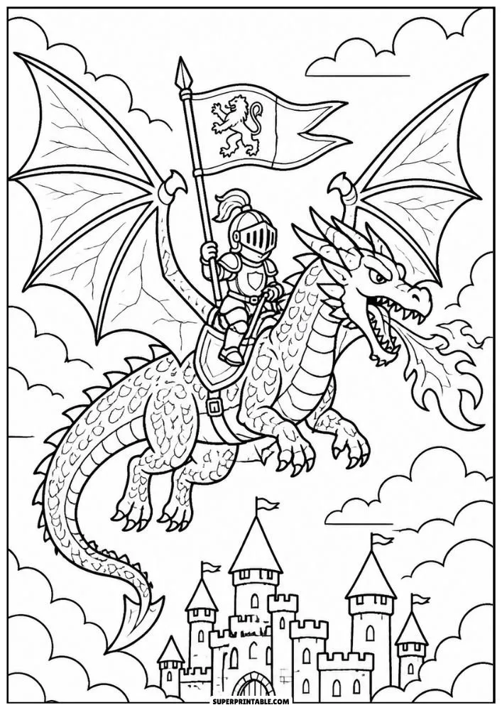 Knight riding a dragon while flying above a castle and clouds.