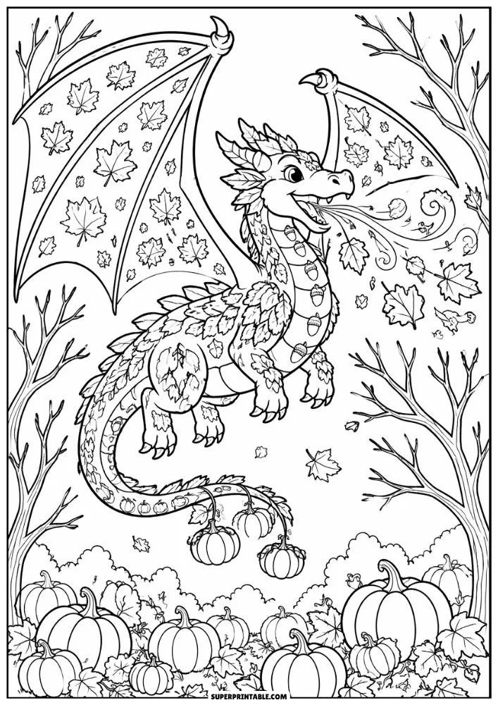 Autumn dragon flying above pumpkins with falling leaves and acorns.