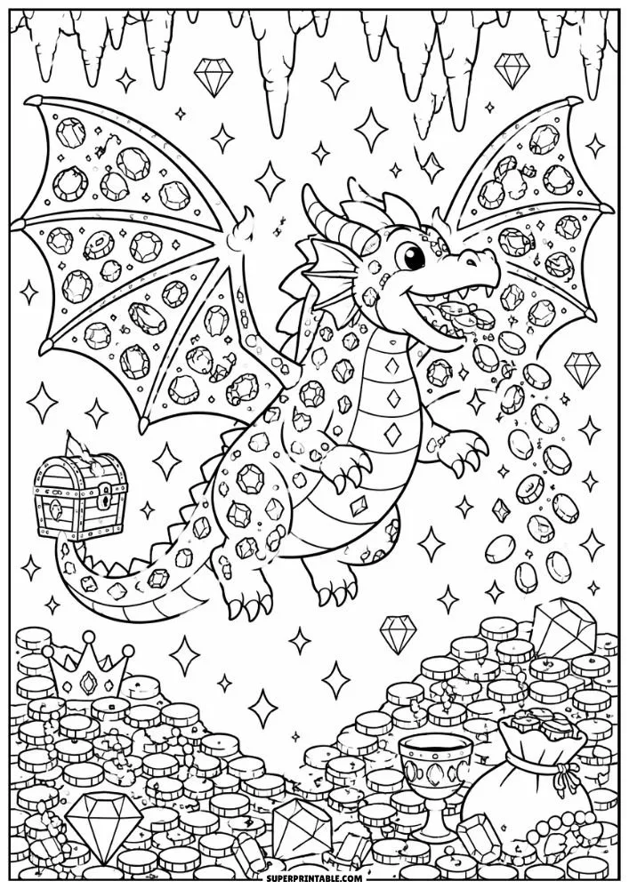 Friendly treasure dragon surrounded by gold coins, gems, and treasure chests.
