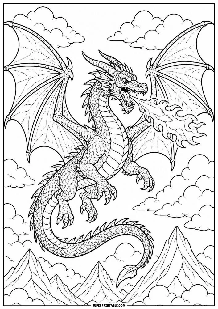 Fierce fire breathing dragon flying over mountain peaks and clouds.