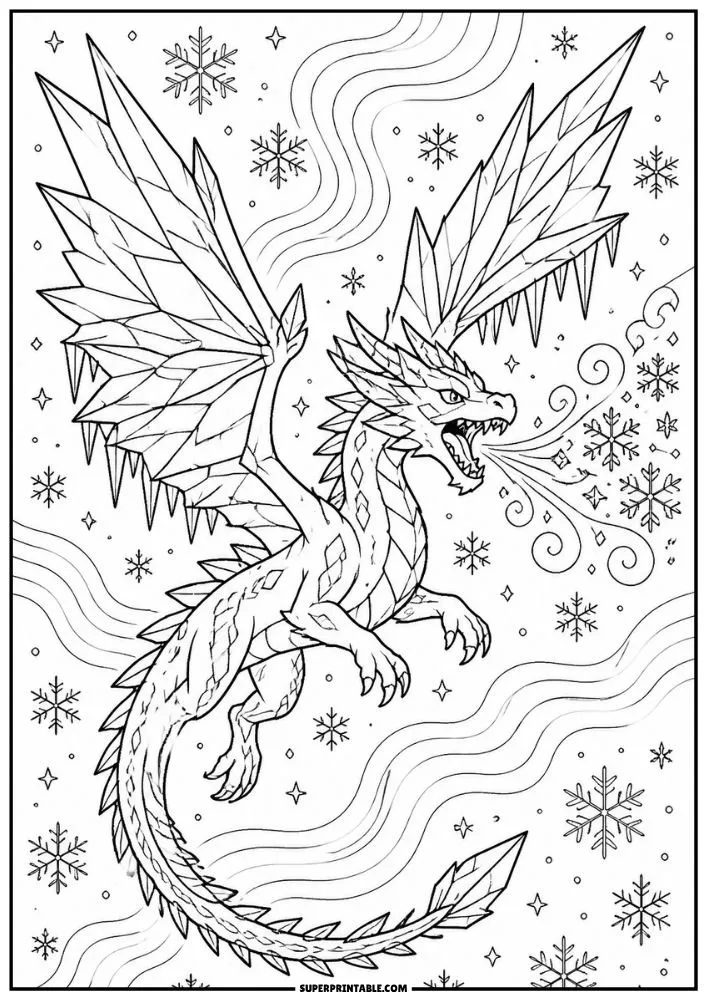 Ice dragon with crystal wings flying among snowflakes and winter winds.