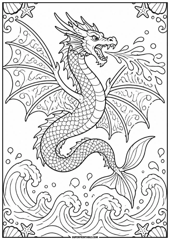 Sea dragon with fish tail soaring above ocean waves and splashing water.