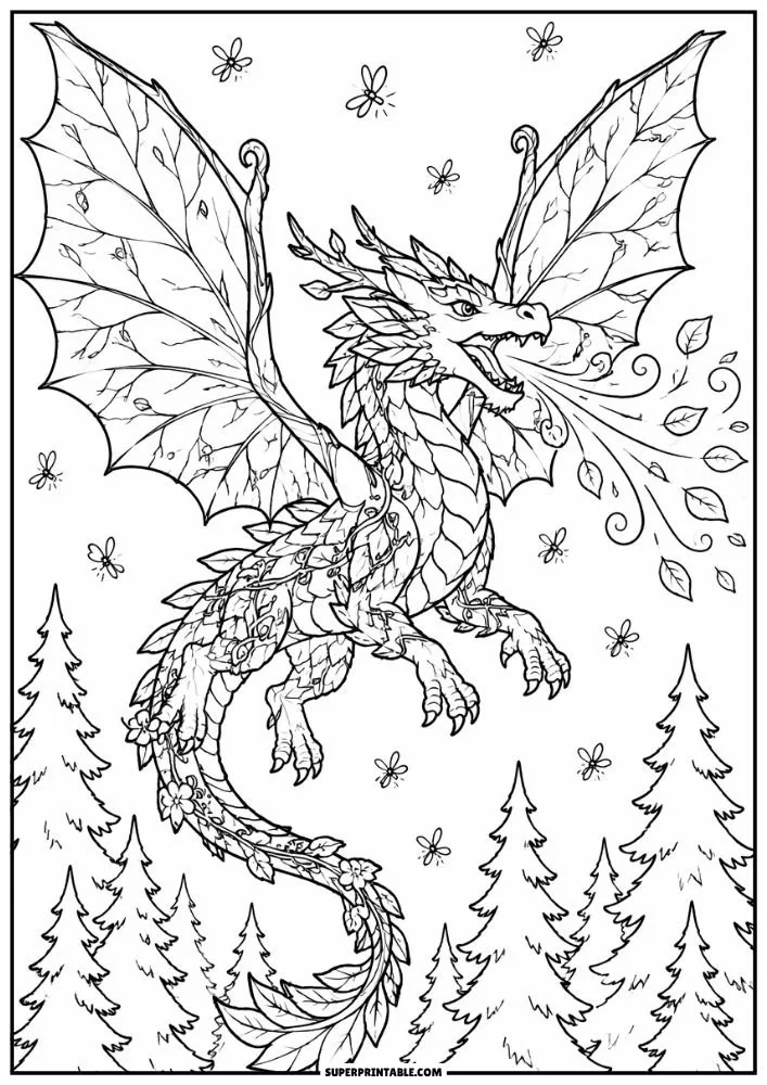Leaf covered forest dragon flying over pine trees and woodland scenery.