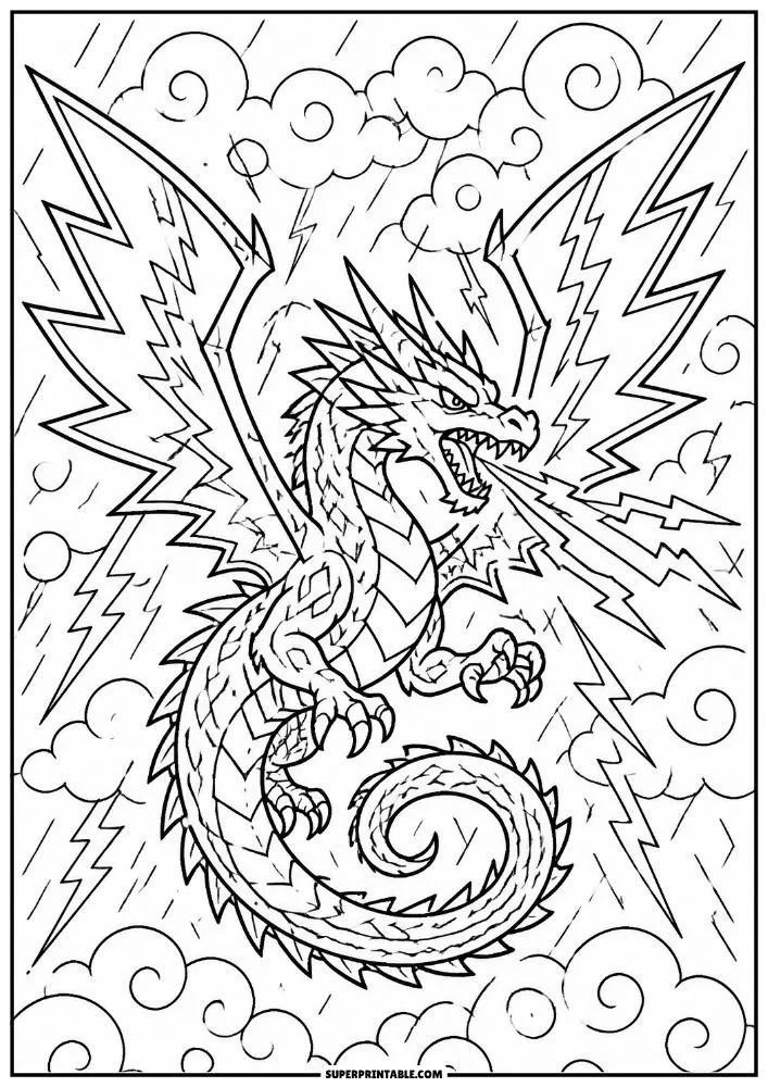 Storm dragon flying through lightning, rain, and swirling clouds.