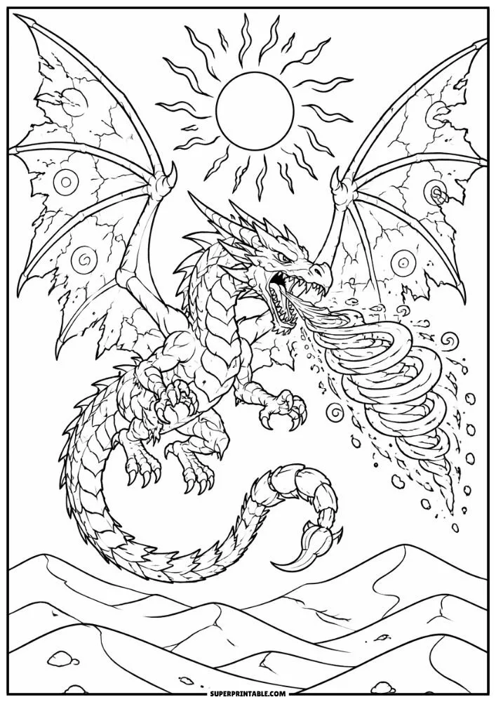 Dragon flying over desert dunes while breathing swirling magical energy.