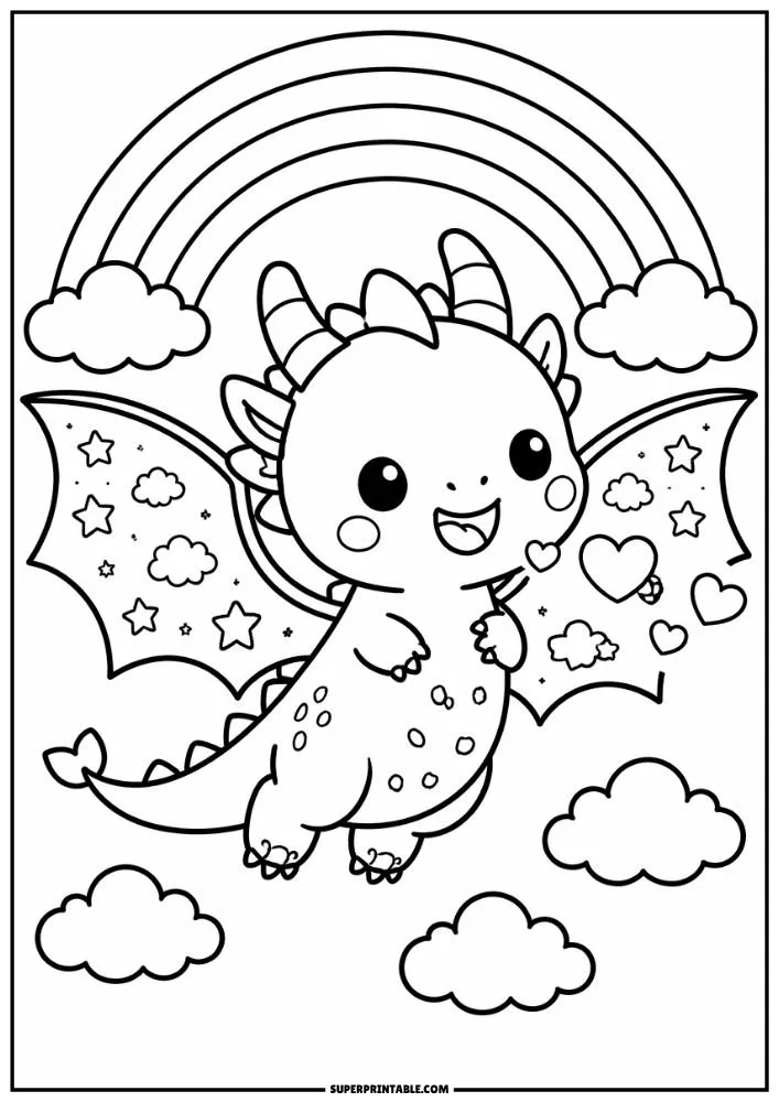 Cute dragon flying under a rainbow with hearts, clouds, and stars.