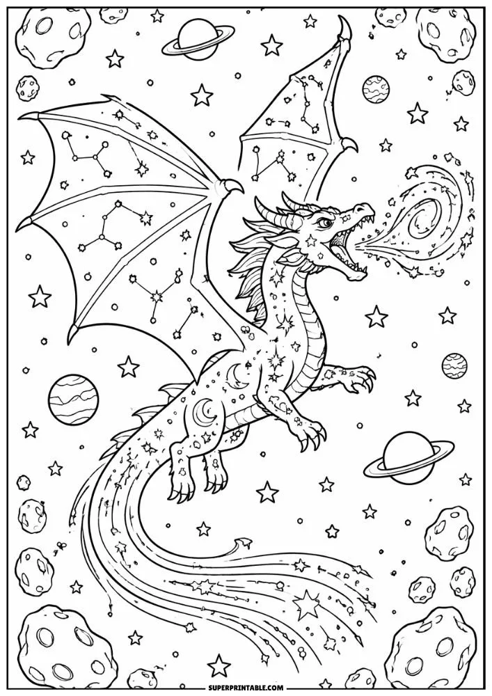 Space dragon flying among planets, stars, constellations, and asteroids.