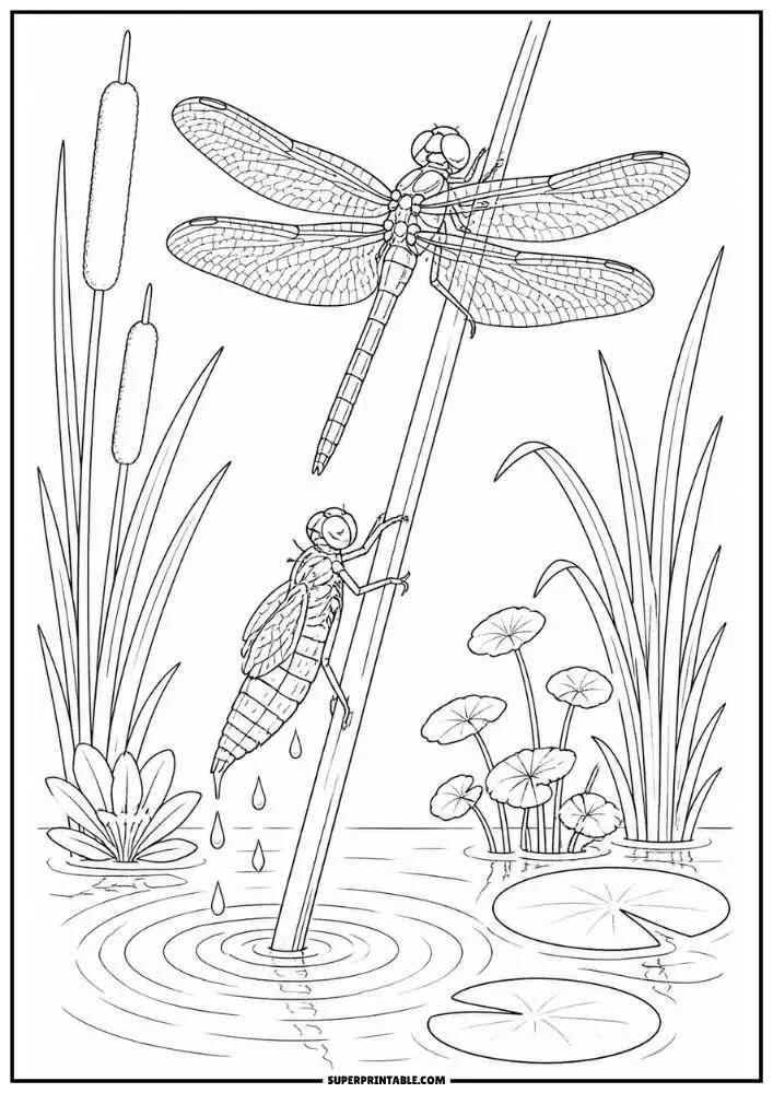 Fairy dragonfly queen with a crown, wings, and cape sitting on a flower-covered throne.