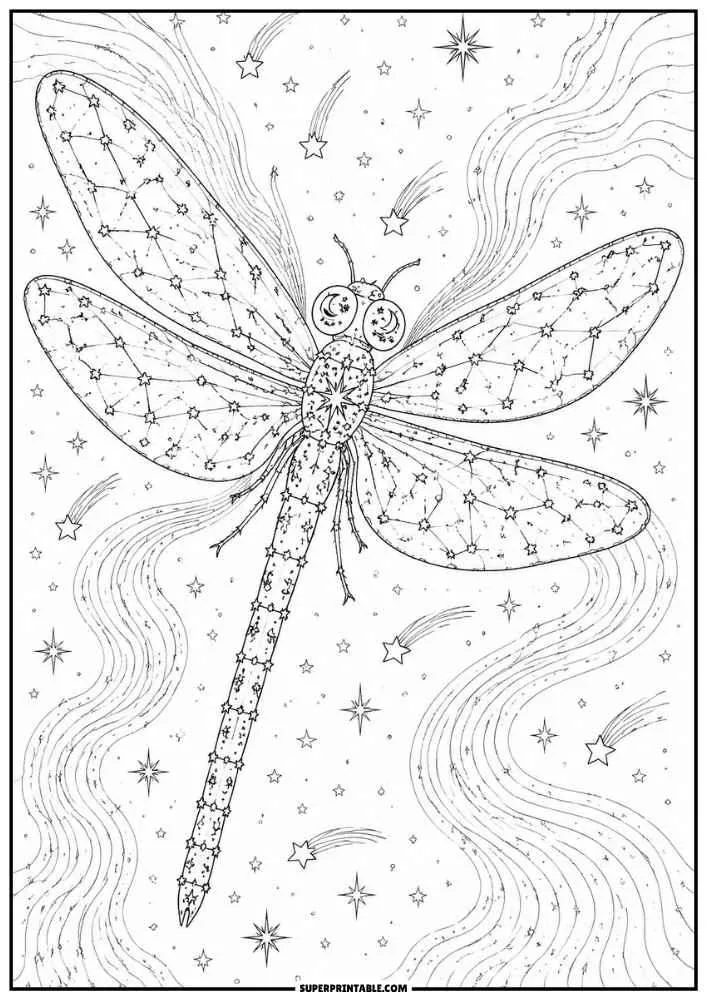 A dragonfly with constellation wings surrounded by stars and shooting stars.