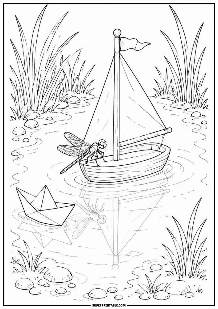 A sailboat and dragonfly floating on a pond with reeds and a paper boat.