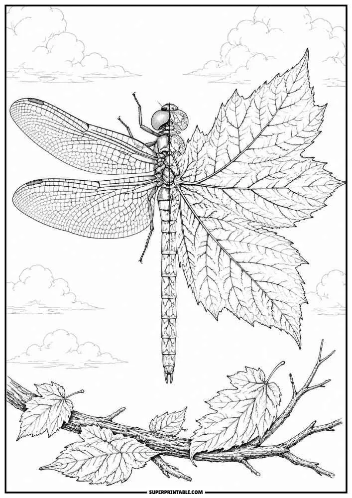 A dragonfly beside a large maple leaf on a tree branch.