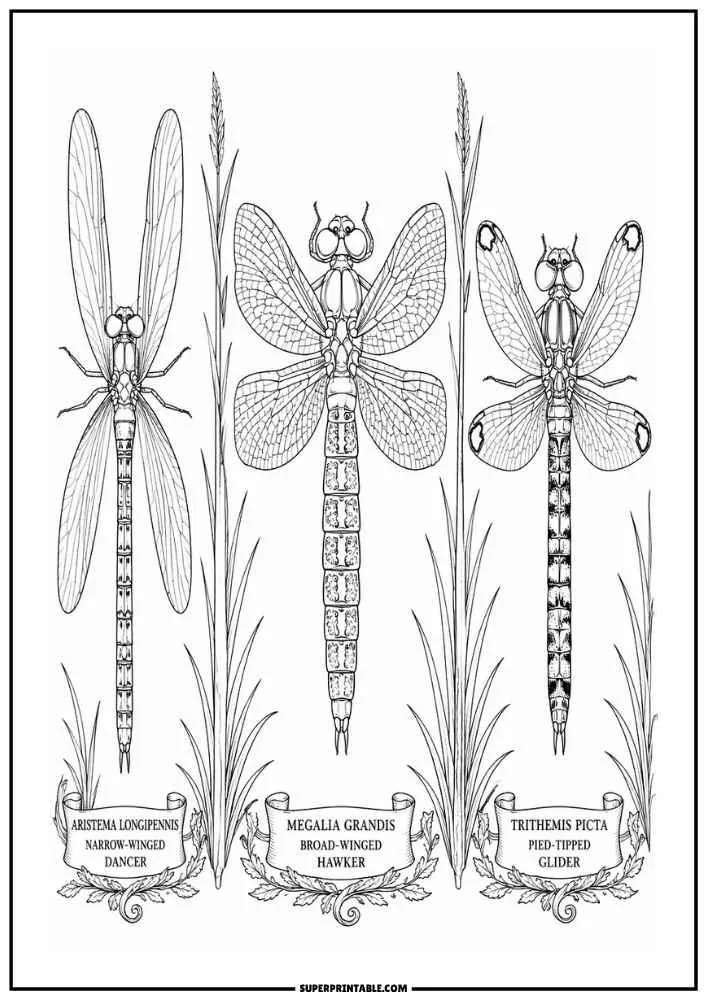 Three labeled dragonfly species standing between tall grasses.