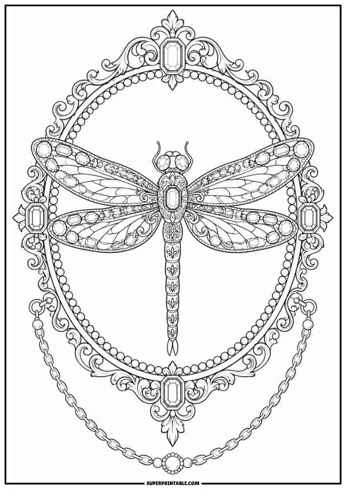 Detailed mandala-style dragonfly with floral wing patterns and decorative designs among flowers.