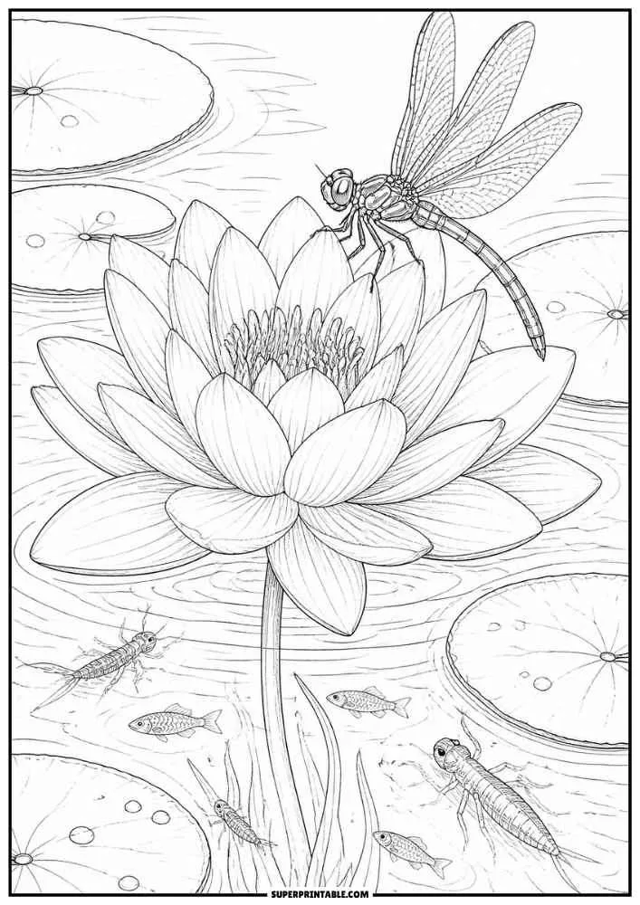 A dragonfly on a water lily with fish, nymphs, and lily pads.