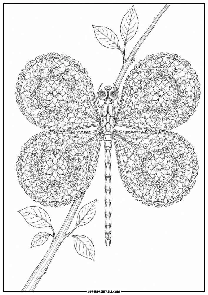 A dragonfly with floral mandala wings resting between leafy branches.