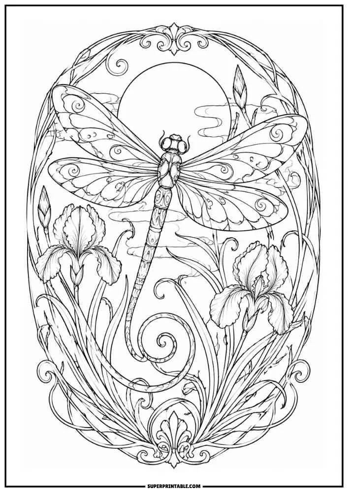 An Art Nouveau dragonfly surrounded by irises inside a decorative frame.