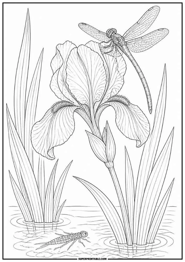 A dragonfly on an iris flower above a pond with a dragonfly nymph.