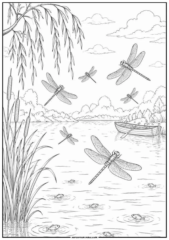 Dragonflies flying above a lake with frogs, reeds, and a small boat.