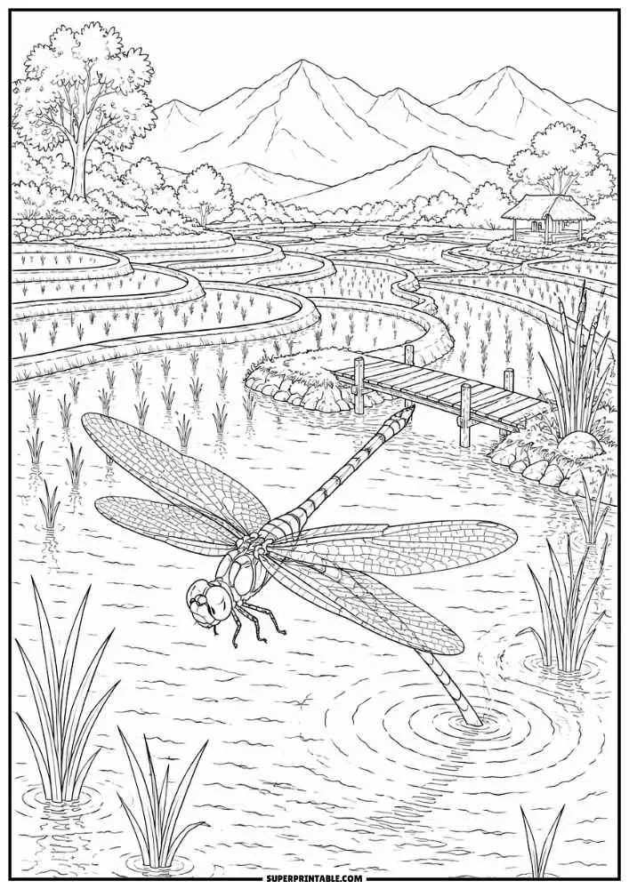 A dragonfly flying above rice terraces with mountains and a wooden bridge.