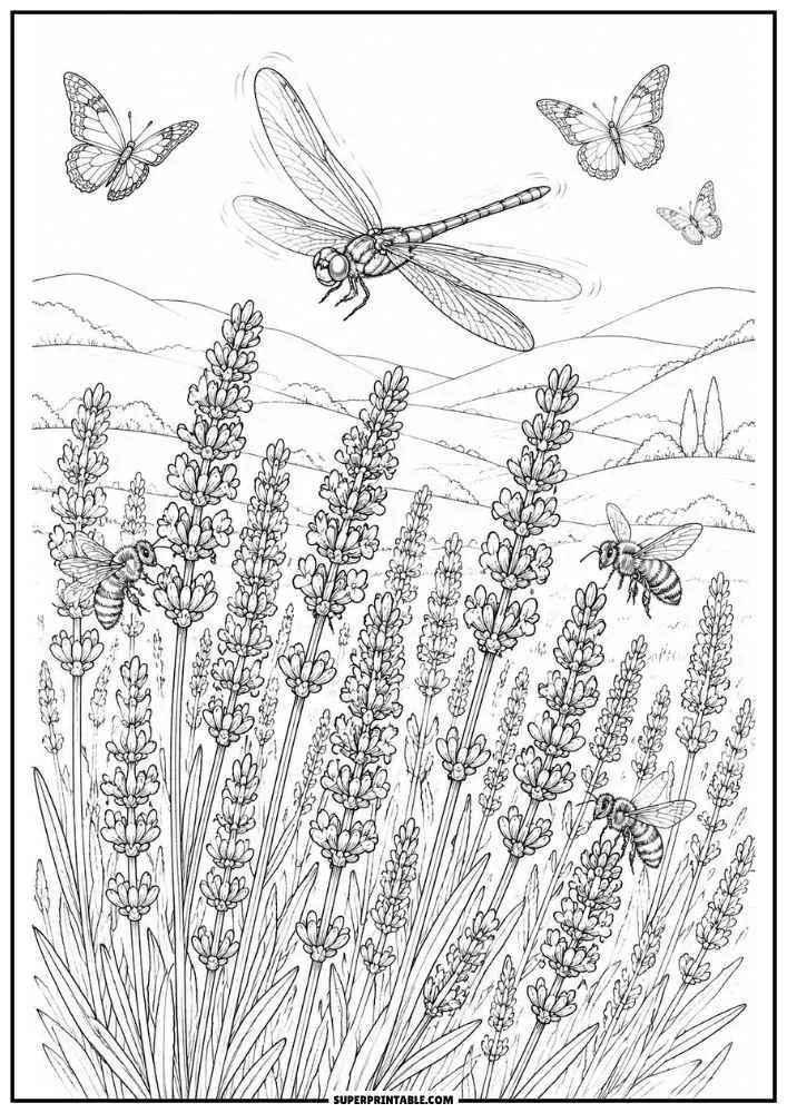 A dragonfly flying above lavender flowers with bees and butterflies.