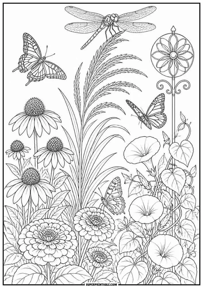 A dragonfly flying over a flower garden with butterflies and colorful blooms.