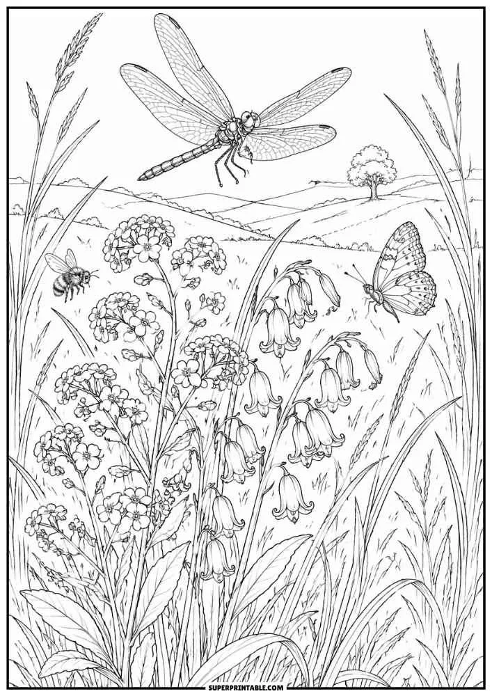 A dragonfly flying above wildflowers with butterflies and bees.