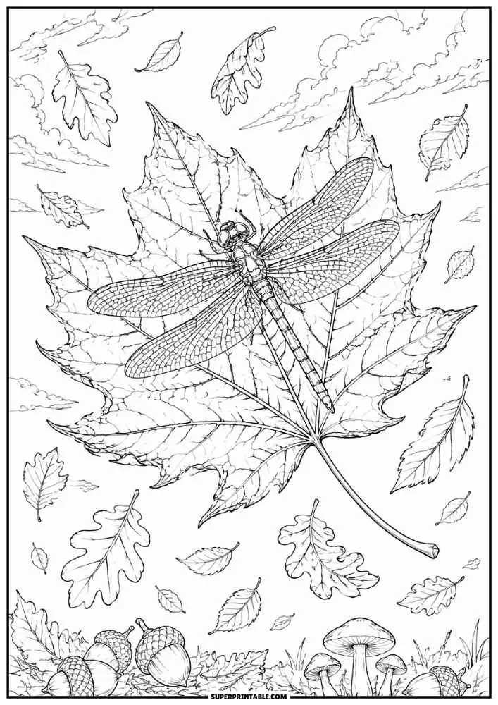 A dragonfly on a maple leaf with autumn leaves, acorns, and mushrooms.