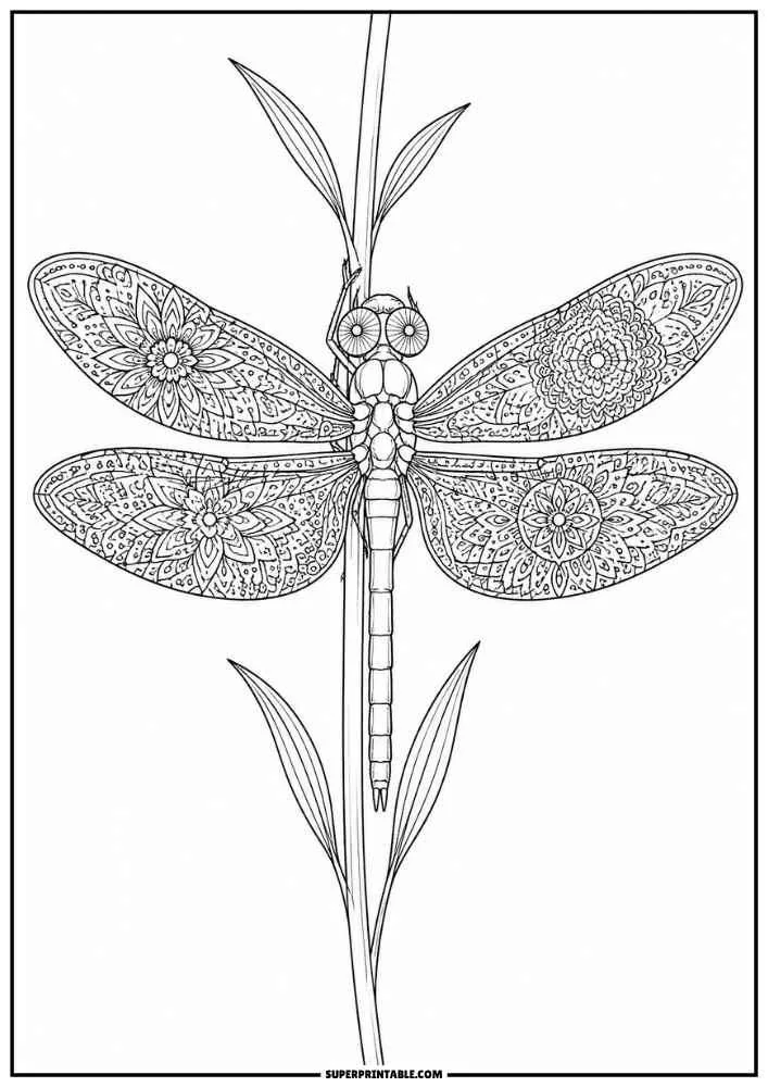 Cute dragonfly with heart-decorated wings sitting on a flower with stars and flowers around it.
