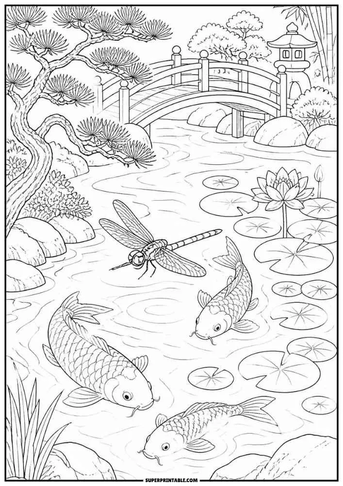 A dragonfly flying above koi fish in a Japanese garden pond.
