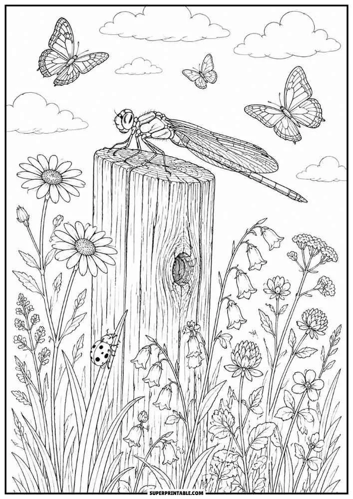 A dragonfly perched on a wooden post among wildflowers and butterflies.