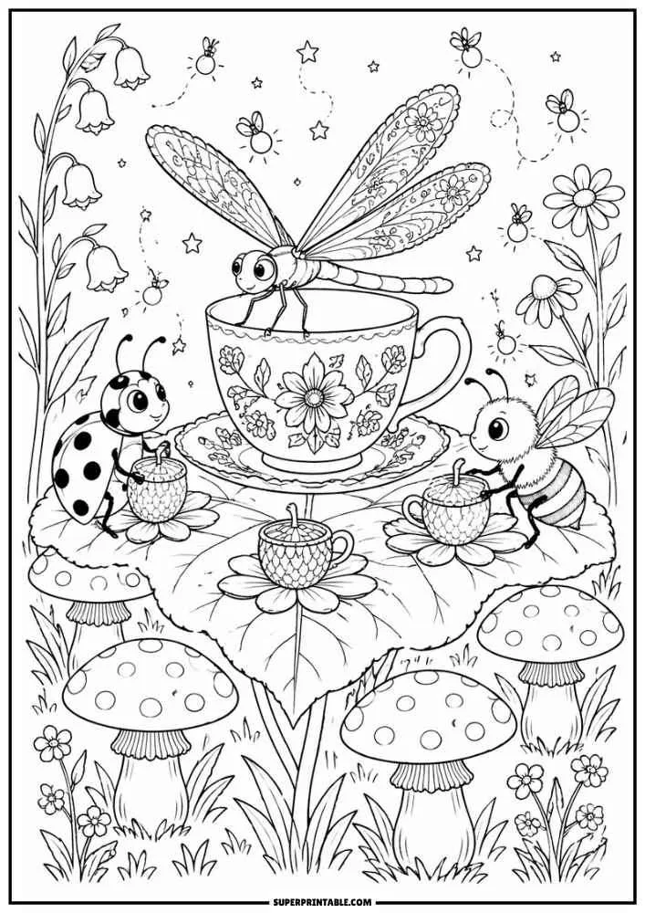 A dragonfly, ladybug, and bee having a tea party in a woodland garden.