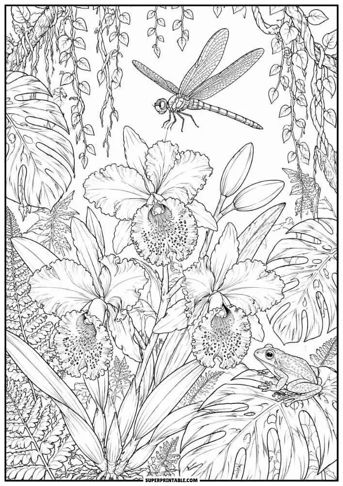 A dragonfly flying above orchids in a tropical garden with a frog.