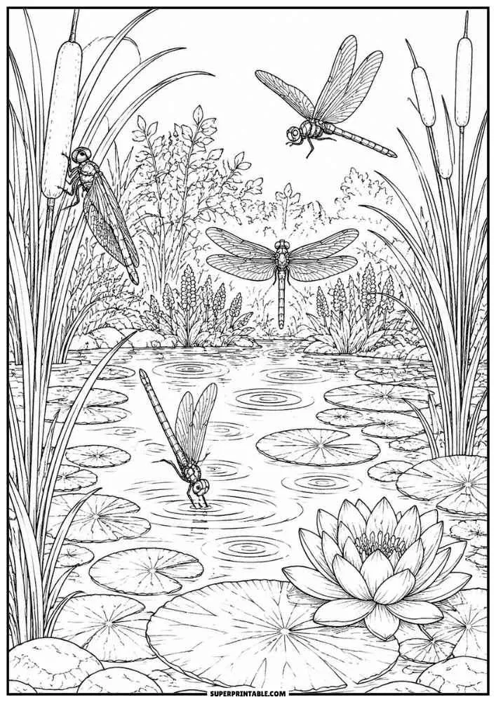 Dragonflies flying around a pond with cattails, lily pads, and water lilies.