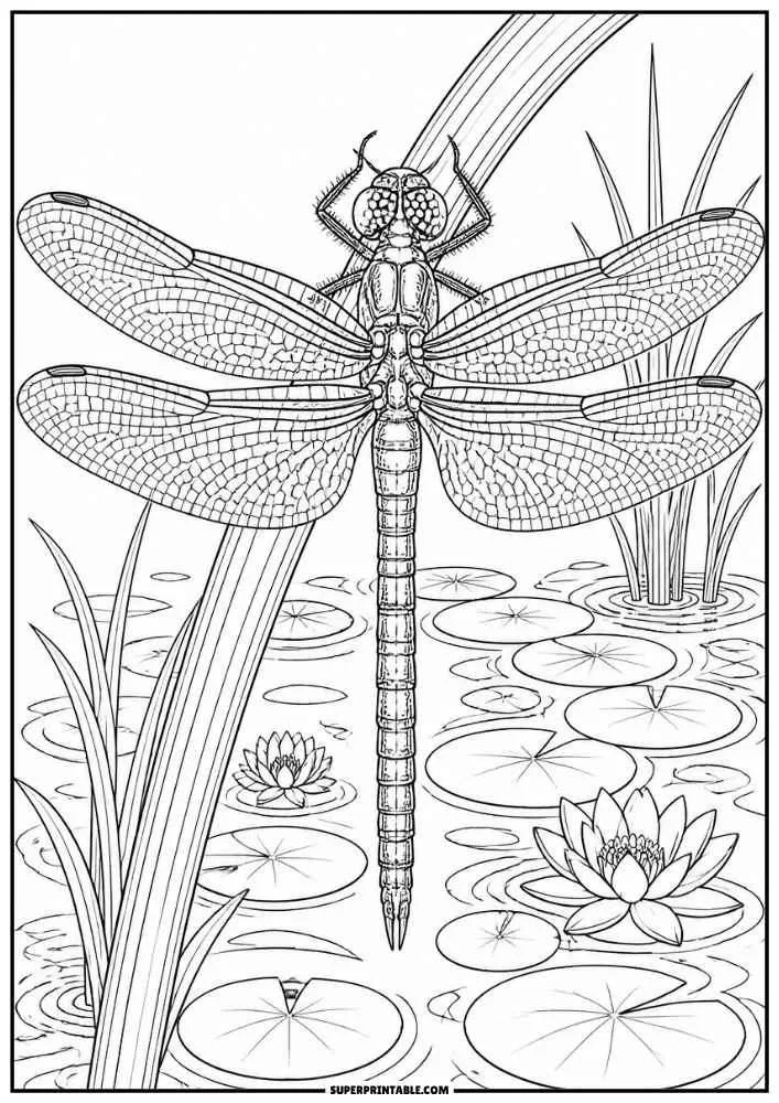 A detailed close-up dragonfly above a pond with lily pads and water lilies.