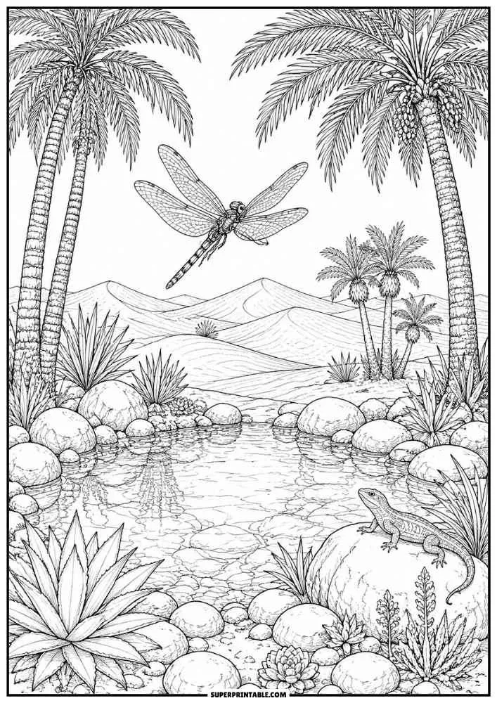 A dragonfly flying over a desert oasis with palm trees and dunes.