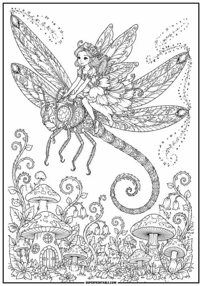 A fairy riding a dragonfly over a magical mushroom village.